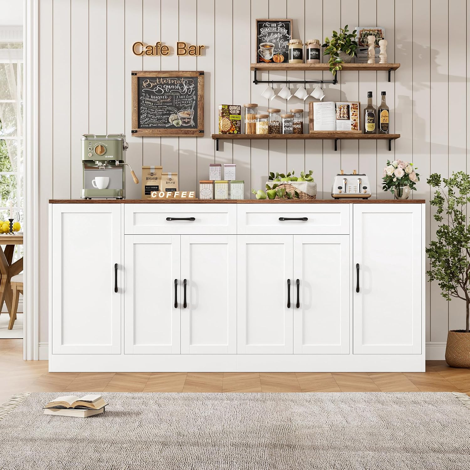 BOTLOG 71' Large Buffet Cabinet with Storage, Sideboard Buffet Cabinet with Adjustable Shelves and 6 Soft-Close Doors, Wood Coffee Bar Console Table for Kitchen, Dining Room, White