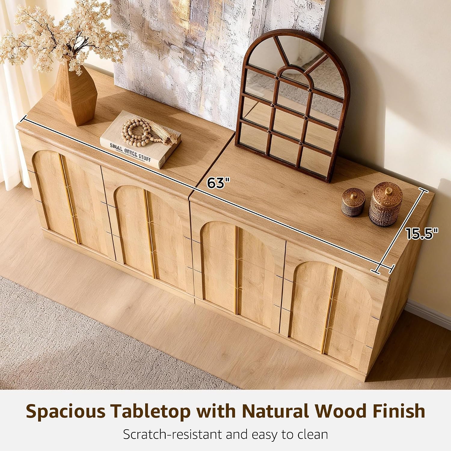 ACCOHOHO 63 Inch Sideboard Buffet Cabinet with Storage & Arched Doors, Wood Coffee Bar Tables with Adjustable Shelf for Living Room, Kitchen, Entryway, Natural Oak