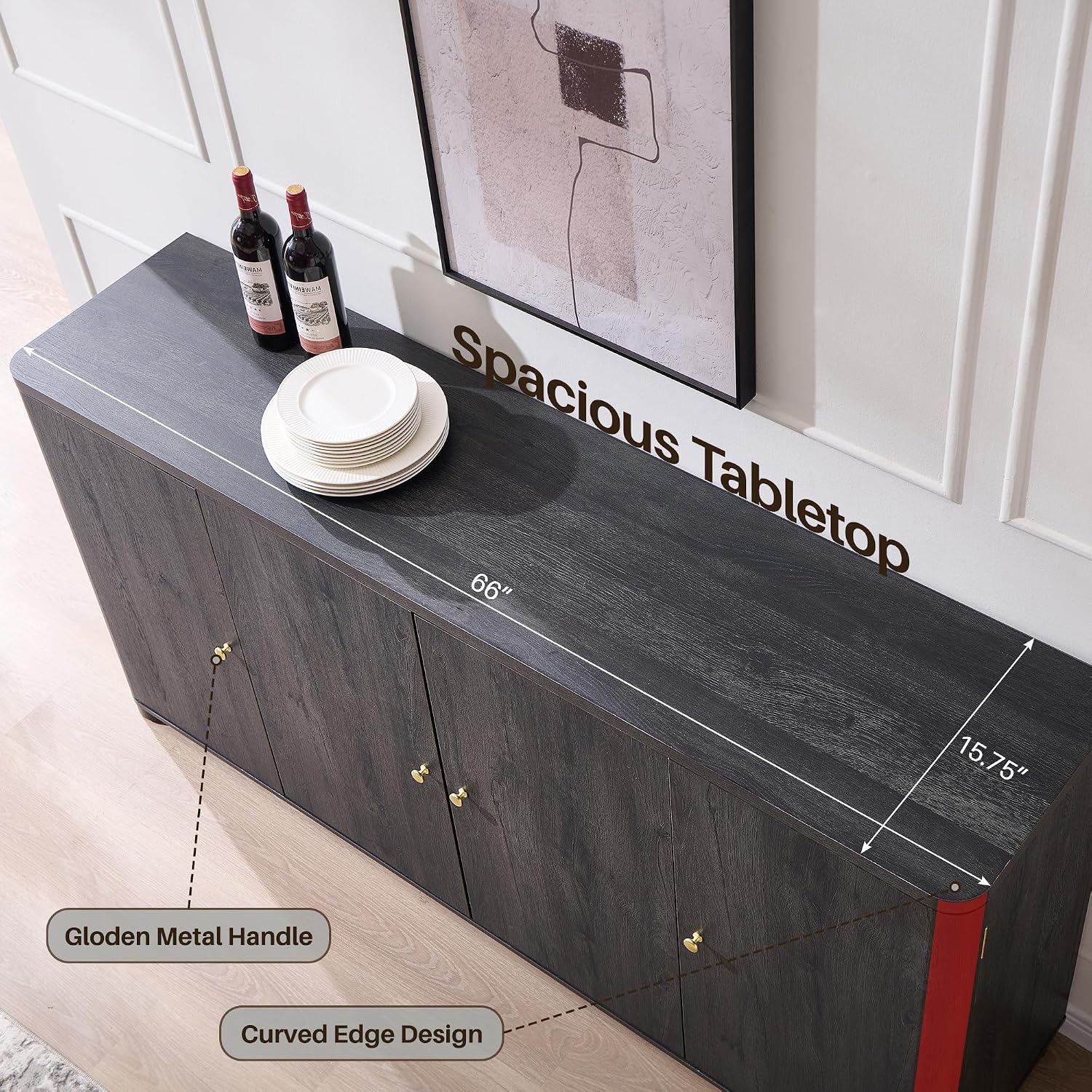 IFGET Curved Buffet Cabinet with Doors, 66' Large Sideboard Buffet Storage Cabinet with 4 Doors and Shleves, Modern Coffee Bar Station Wood Kitchen Table for Kitchen, Dining Room, Dark Grey