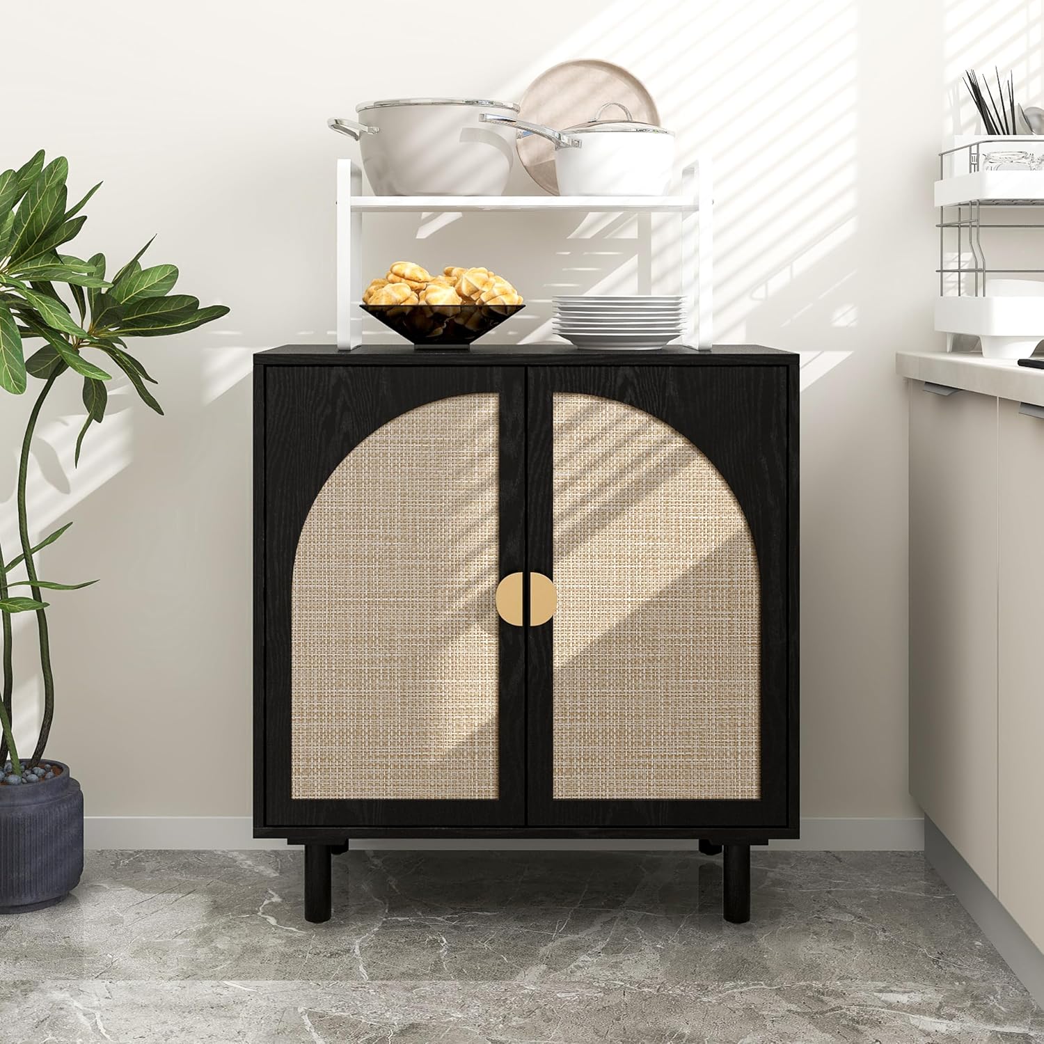 vistavie Black Rattan Storage Buffet Cabinet with 2 Door,Sideboard Storage with Solid Pine Legs,Accent Cabinet,Boho Wood Credenza Suitable for Kitchens,Bathrooms,Reception Rooms,Study Rooms