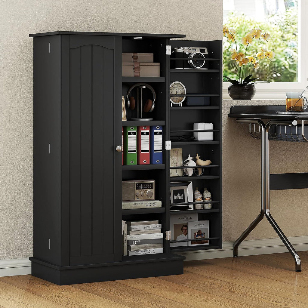 HOMCOM 41' Kitchen Pantry Storage Cabinet, Freestanding Kitchen Cabinet with 12 Door Shelves, Double Doors, 5-Tier Shelving and Adjustable Shelves, Black