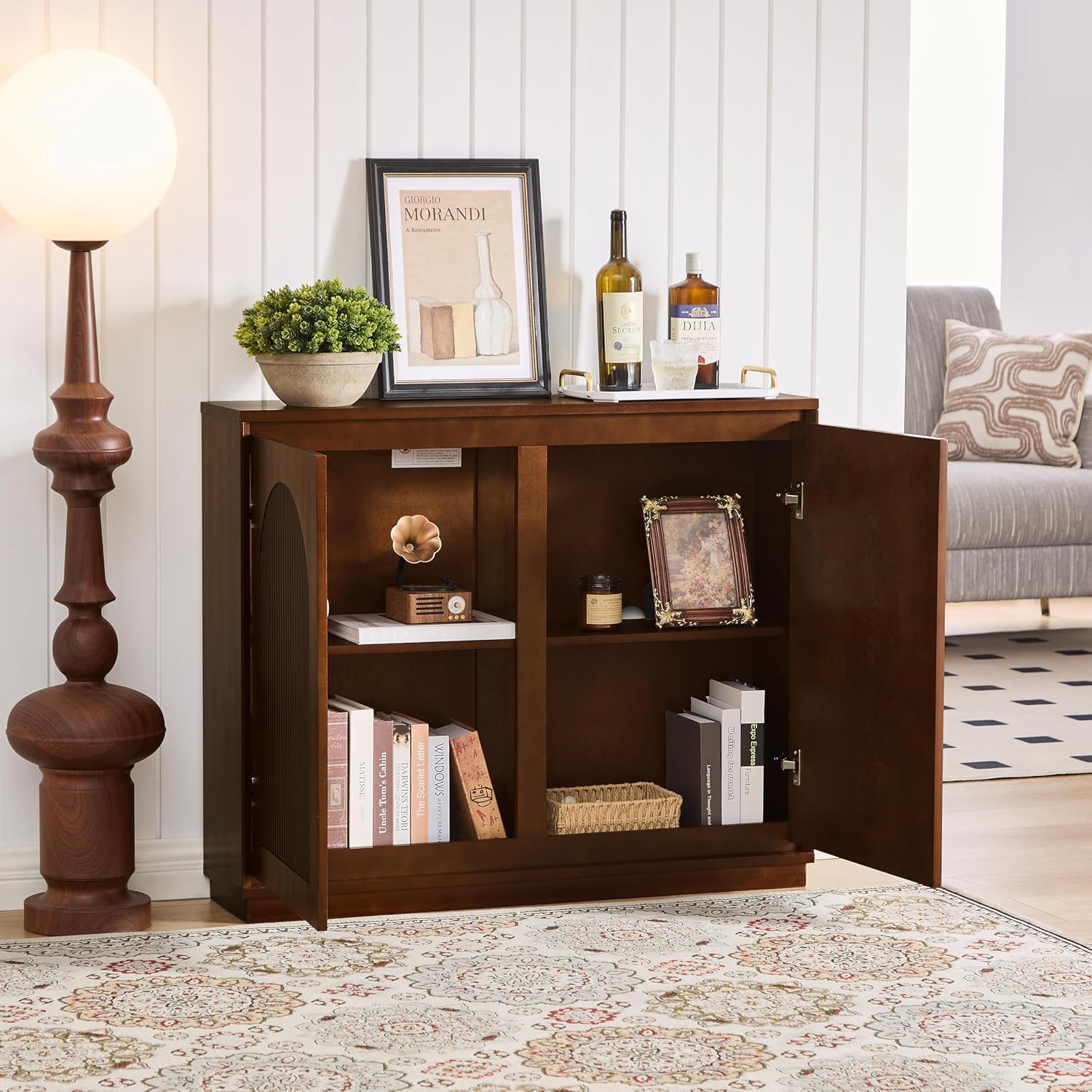 LKTART 39' Sideboard Buffet Cabinet,Narrow Credenza Storage for Entryway | Single Modular Storage Cabinet;Walnut Wood Credenza Storage Cabinet;Mid Century Modern Thin Entryway Cabinet for Living Room