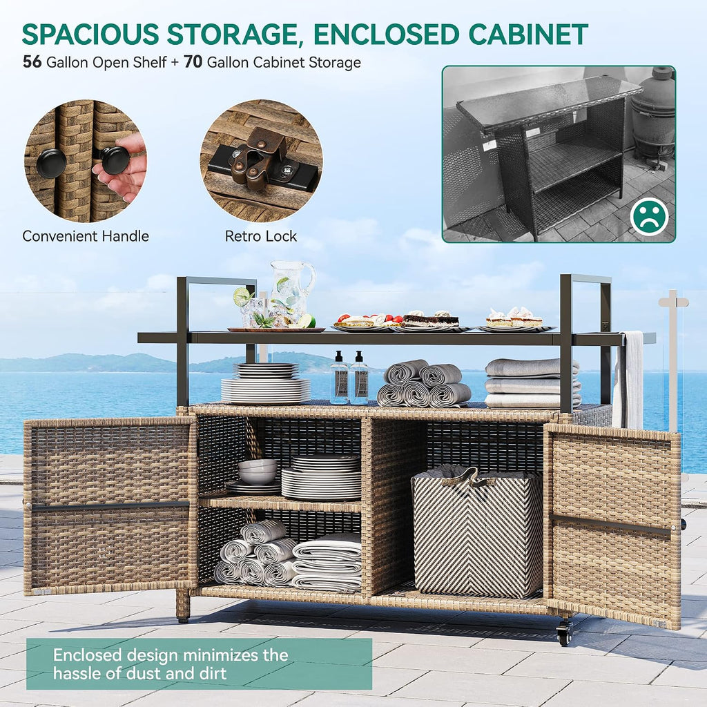 YITAHOME Large Outdoor Kitchen Cart & Bar Table Bundle with Suncast 33 Gallon Hideaway Trash Can for Patio