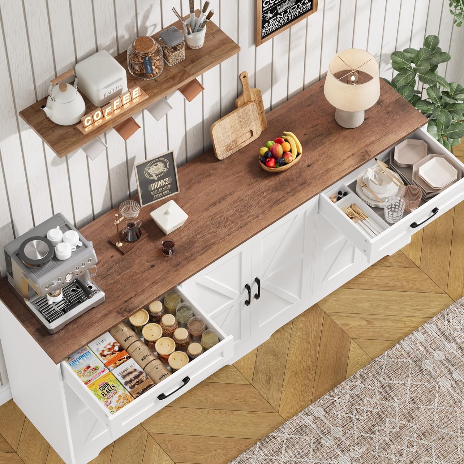 BOTLOG 2PCS Kitchen Cabinets, 71' Large Sideboard Buffet Cabinet with Storage, 72' Tall Pantry Cabinet with Microwave Stand, Wood Coffee Wine Bar Console Table for Kitchen, Dining Room, White