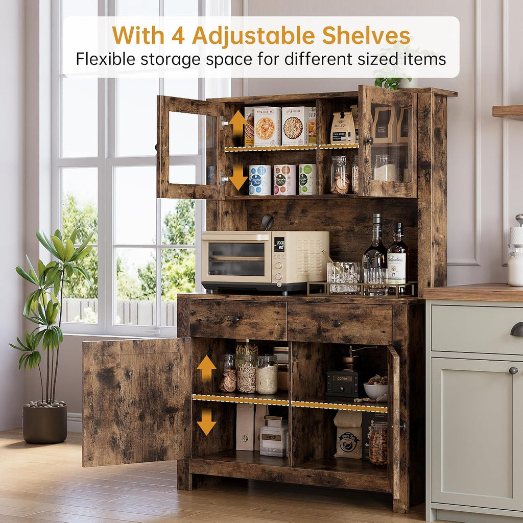 63' Tall Farmhouse Kitchen Pantry Cabinet with Microwave Stand, Freestanding Pantry Hutch Cabinet with Adjustable Shelves, Drawers & Countertop, Buffet Cupboard for Dining&Living Room Storage, Retro