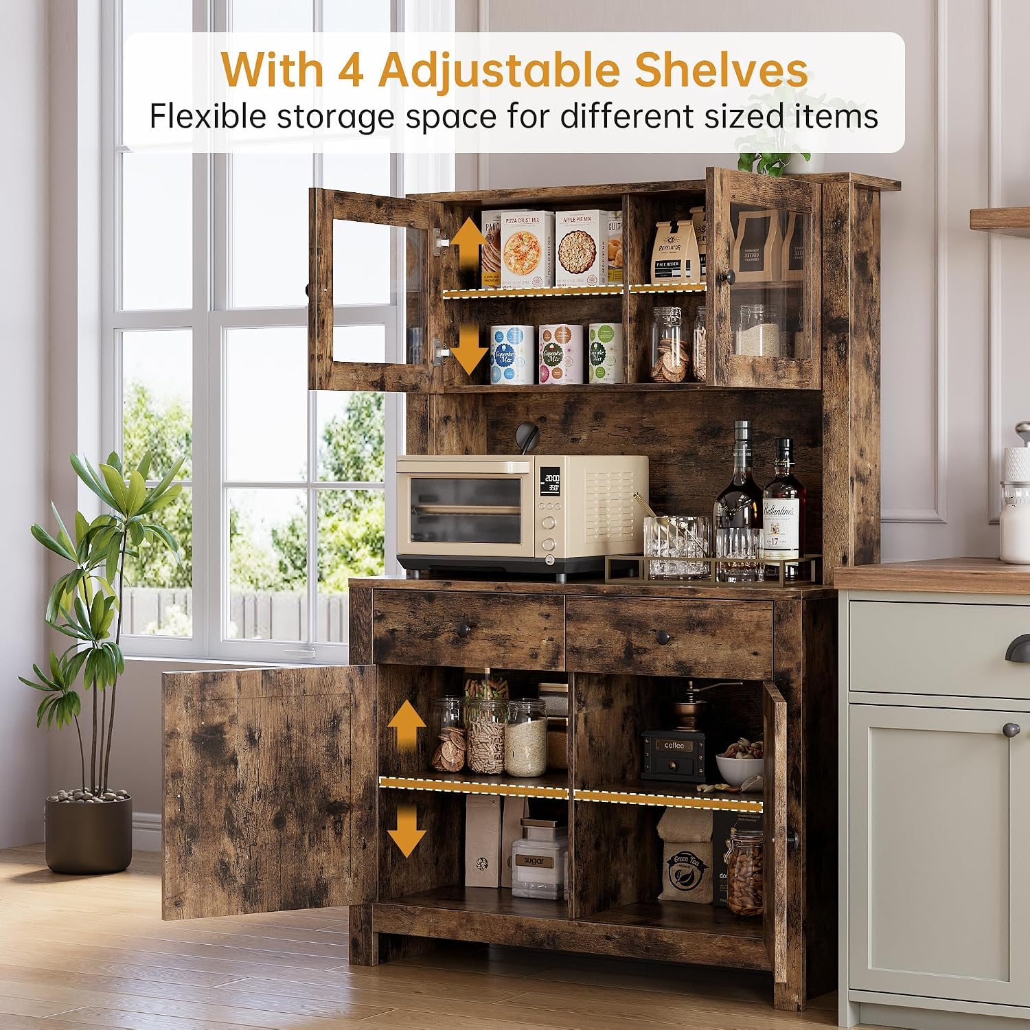 63' Tall Farmhouse Kitchen Pantry Cabinet with Microwave Stand, Freestanding Pantry Hutch Cabinet with Adjustable Shelves, Drawers & Countertop, Buffet Cupboard for Dining&Living Room Storage, Retro