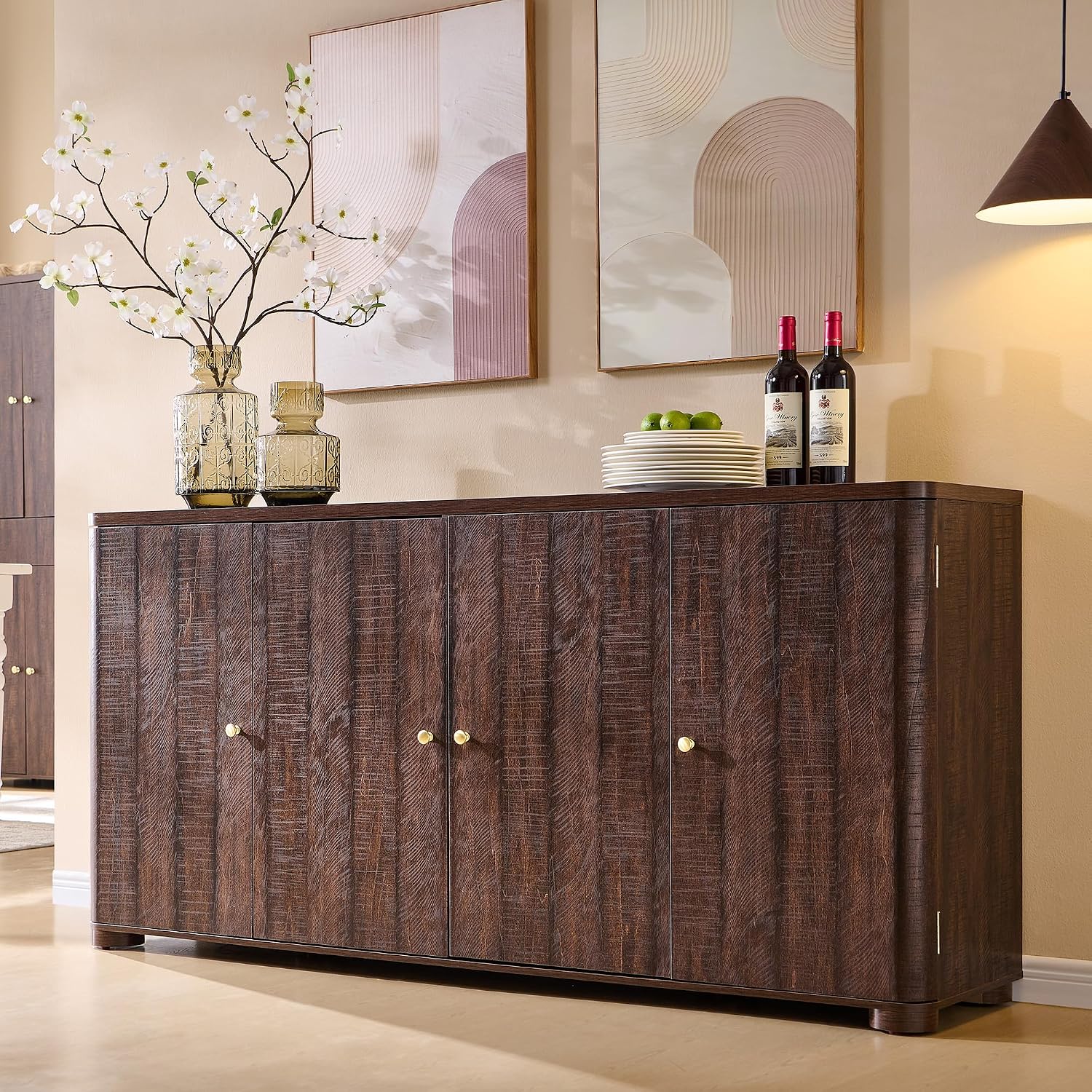 IFGET Curved Buffet Cabinet with Doors, 66' Large Sideboard Buffet Storage Cabinet with 4 Doors and Shleves, Modern Coffee Bar Station Wood Kitchen Table for Kitchen, Dining Room, Borwn