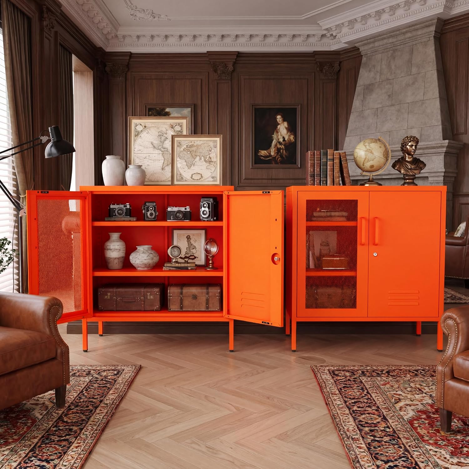 Orange Metal Locker CabinetsMetal Locker Storage Cabinet with Mesh Doors and Adjustable Shelves Coffee Bar Cabinet,Kitchen Pantry Storage Cabinets for Home, Office, Entryway and Hallway