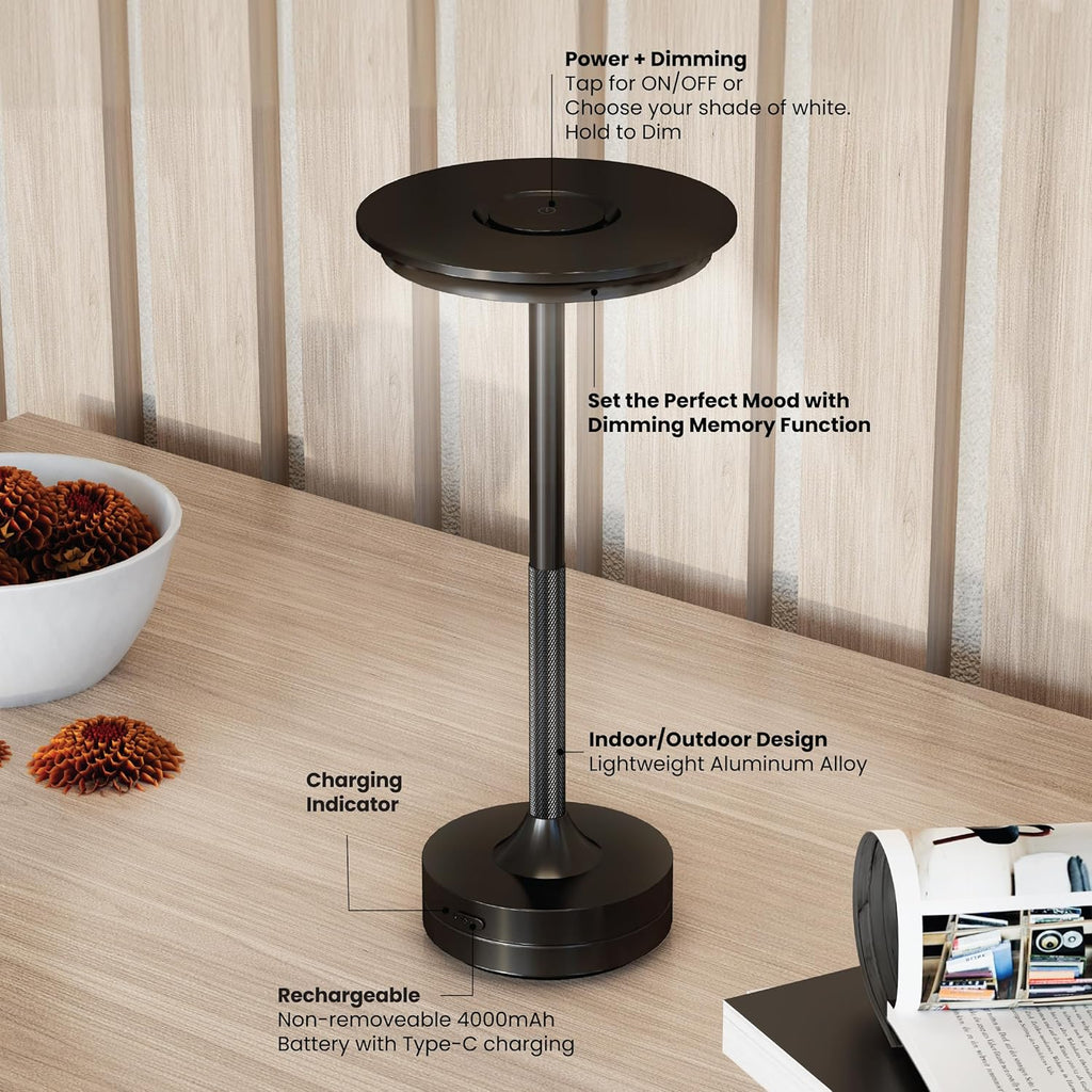 Feit Electric Tabletop Lamp, Touch-Activated, 3-Way Dimmable, 100 Lumens, 3 Watts, Potable & Rechargeable for Indoor/Outdoor Use, 50,000-Hour Lifetime, TABLE/3CCT/BK/BAT/4, 4 Pack