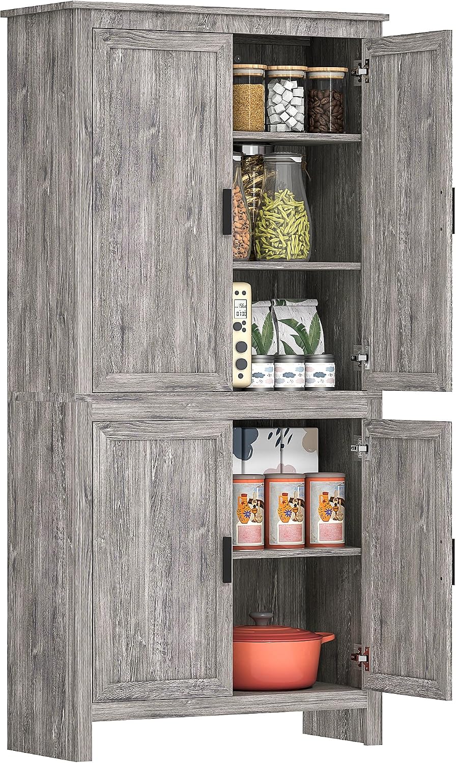 HOMCOM 64' Kitchen Pantry Cabinet, Freestanding Storage Cabinet with 4 Doors and 3 Adjustable Shelves for Dining Room, Gray Oak