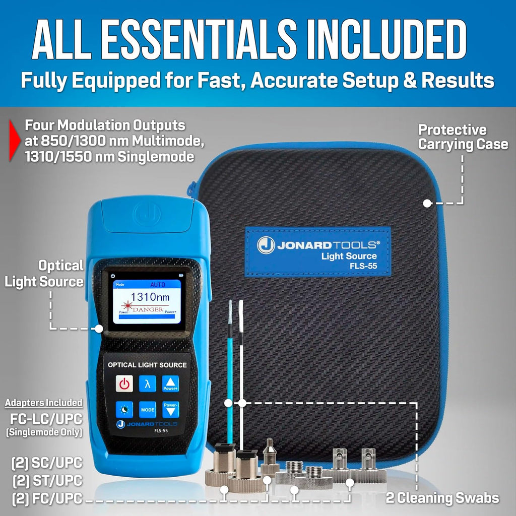 Jonard Tools FLS-55 Multi-Mode & Single-Mode Fiber Optic Light Source with FC/LC/SC (PC/UPC) Adapters (2025 Model)