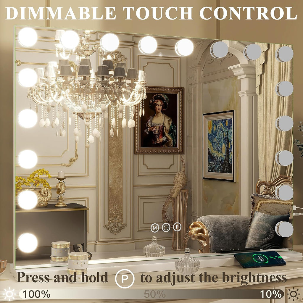 FENNIO Hollywood Vanity Mirror with Lights 32x24.5 Large Lighted Mirror Makeup Mirror with 18 Dimmable LED Bulbs and 10X Magnification 3Color Lighting USB Charging Port for Vanity Desk Tabletop