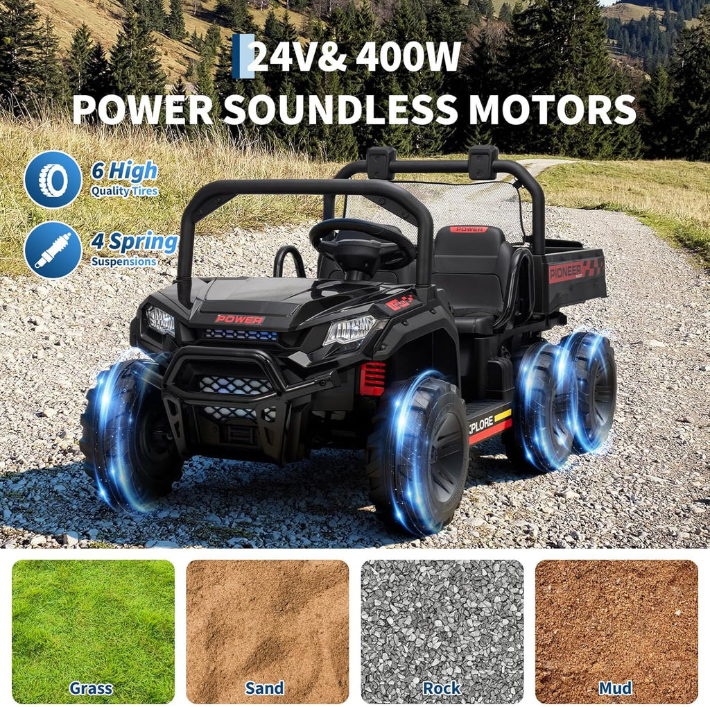 Hetoy 24V Ride on Toys, 2 Seater Dump Truck Car for Kids 4-8, 4WD Electric Tractor with Remote Control, Dump Bed, 3 Speed Modes, Music Player