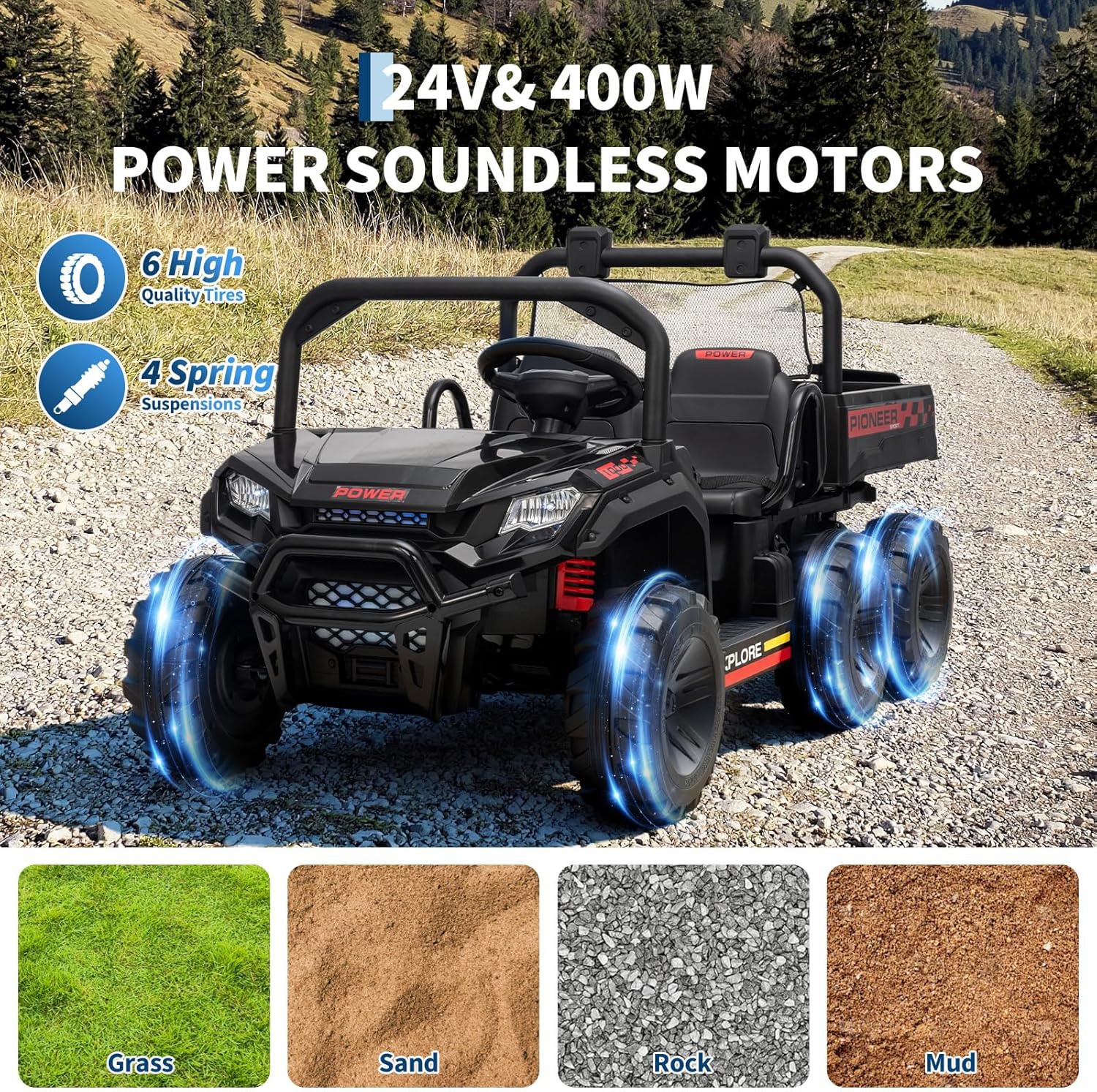 Hetoy 24V Ride on Toys, 2 Seater Dump Truck Car for Kids 4-8, 4WD Electric Tractor with Remote Control, Dump Bed, 3 Speed Modes, Music Player