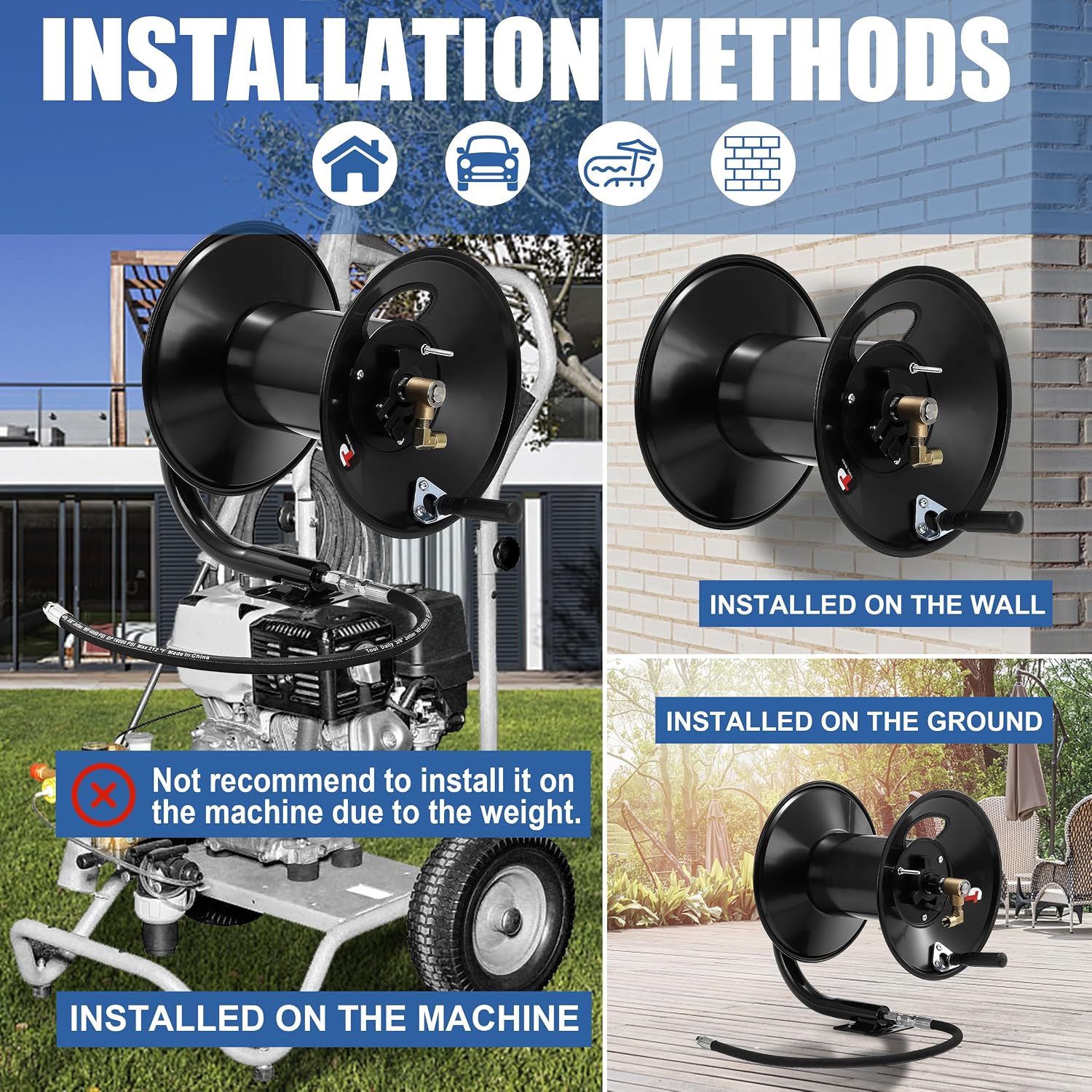 Tool Daily Pressure Washer Hose Reel 200 FT, Heavy Duty Steel Hose Reel for Power Washer, 3/8' Hose Reel Hand Crank, 4000 PSI