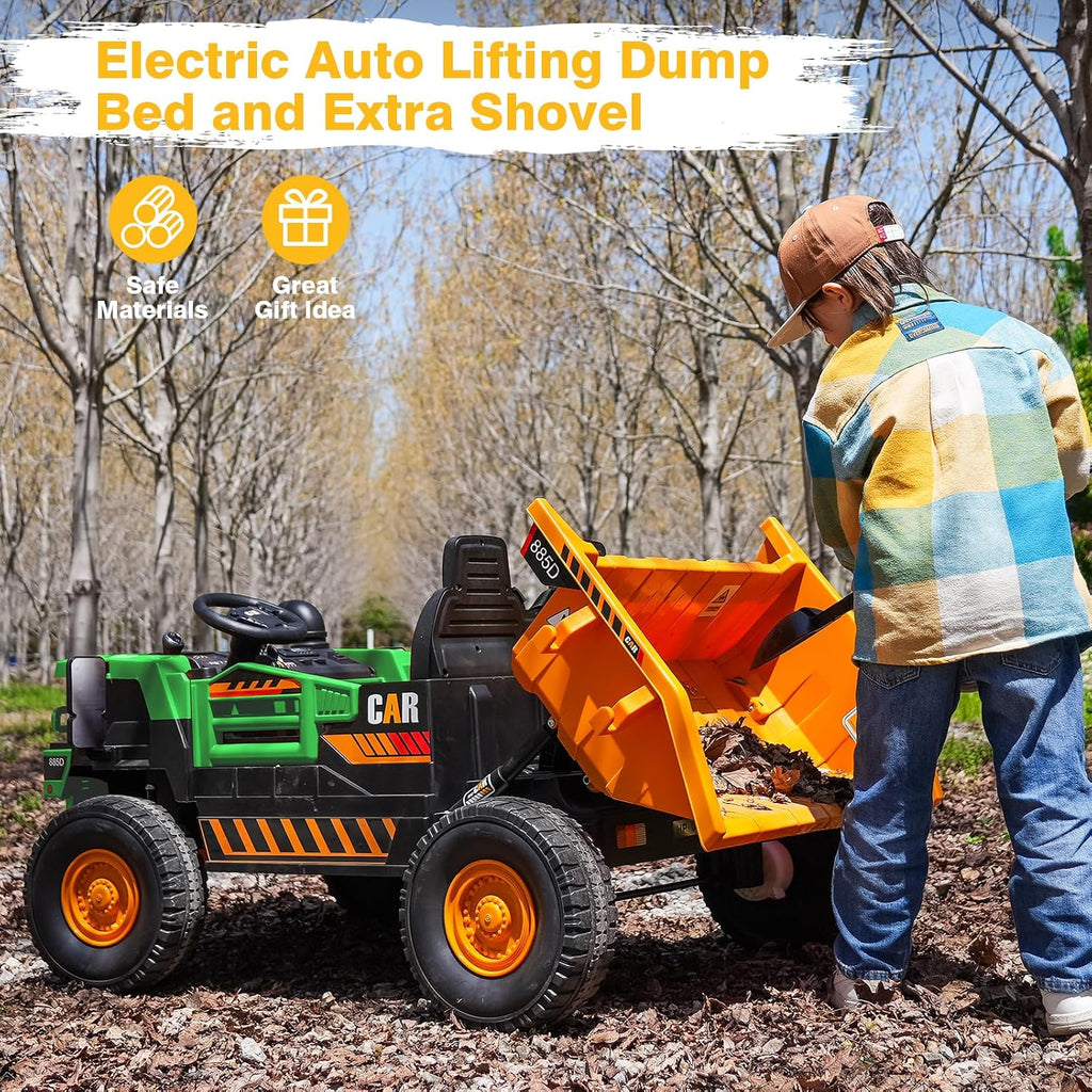 RunFast 12V 2 Seater Ride on Dump Truck for Kids,Electric Ride on Cars with Remote Control,2X35W Powerful Motors Up to 4Mph,Electric Dump Bed,Extra Shovel,Music Player(Green+Yellow,12V)