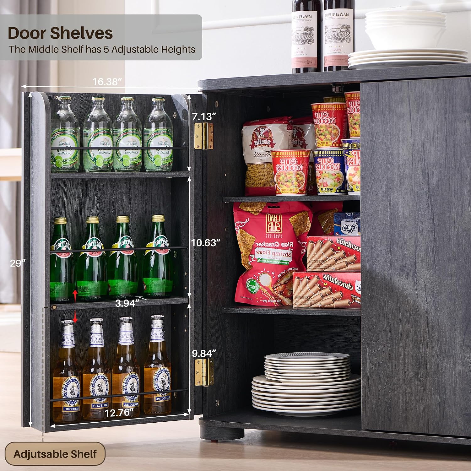 IFGET Curved Buffet Cabinet with Doors, 66' Large Sideboard Buffet Storage Cabinet with 4 Doors and Shleves, Modern Coffee Bar Station Wood Kitchen Table for Kitchen, Dining Room, Dark Grey