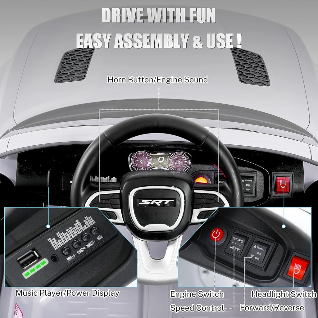 ENYOPRO 12V 7Ah Kids Electric Ride on Car, Licensed Dodge Charger SRT Hellcat, Battery Powered 4-Wheels Toy Car Electric Vehicle for Kids with Remote Control, 3 Speeds, LED Lights, Music (White)