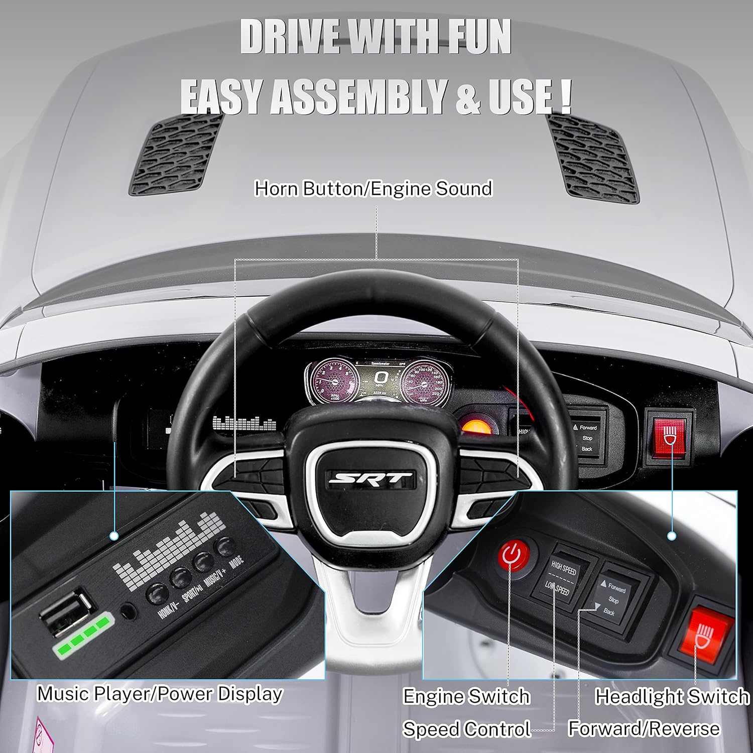 ENYOPRO 12V 7Ah Kids Electric Ride on Car, Licensed Dodge Charger SRT Hellcat, Battery Powered 4-Wheels Toy Car Electric Vehicle for Kids with Remote Control, 3 Speeds, LED Lights, Music (White)