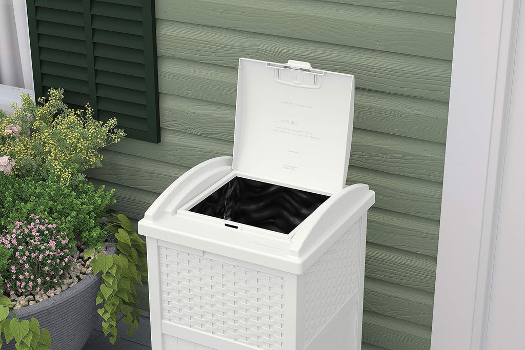 Suncast 99 Gal Resin Wicker Patio Storage Box - Water Resistant Outdoor Storage Container White & 33 Gal Hideaway Trash Can for Patio - Resin Outdoor Trash with Lid