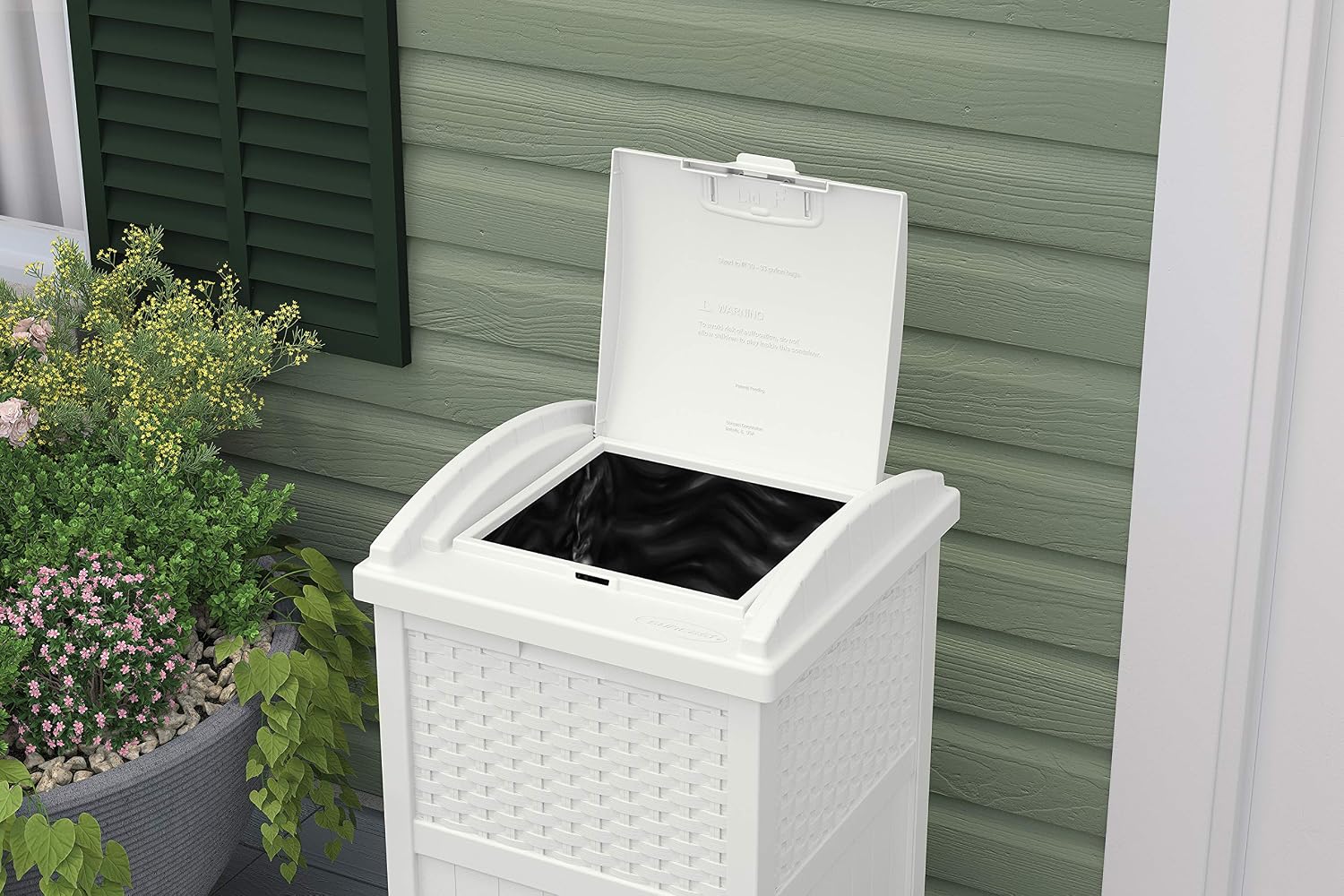 Suncast 99 Gal Resin Wicker Patio Storage Box - Water Resistant Outdoor Storage Container White & 33 Gal Hideaway Trash Can for Patio - Resin Outdoor Trash with Lid