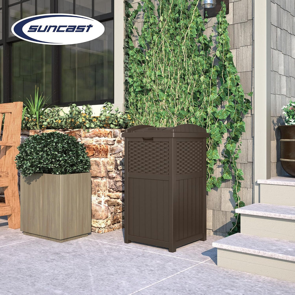 Greesum 100 Gallon Deck Box and Suncast 33 Gallon Outdoor Trash Can Storage Bundle for Patio Furniture, Garden Tools, and Pool Supplies