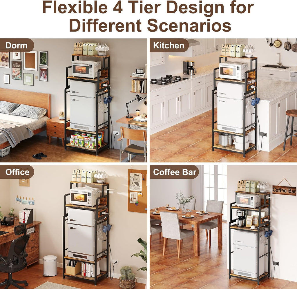 Mini Fridge Stand Microwave Combo Cabinet Station With Small Refrigerator Insert Storage Space, Shelf Organizer Unit For Dorm Room Coffee Bar To Sit, Big Table With Power Outlet To Go Over Fridge