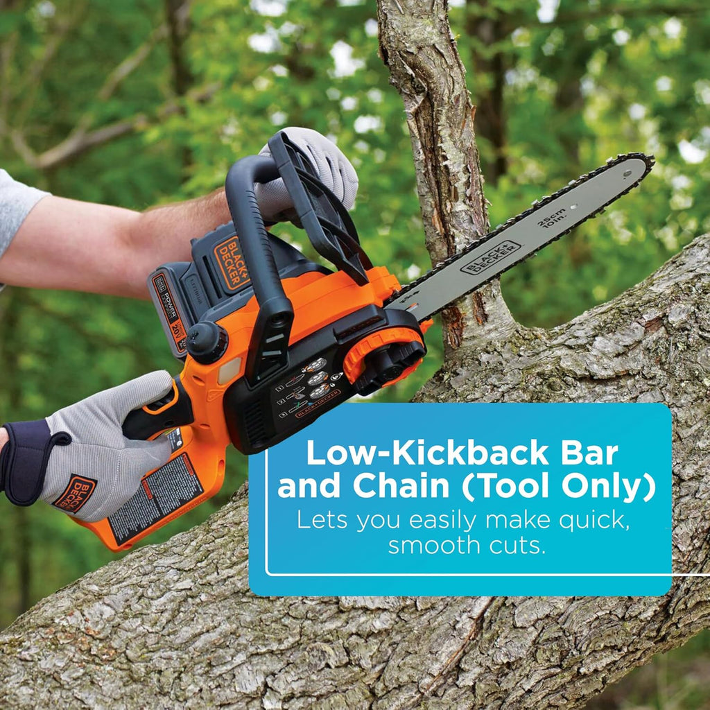 BLACK+DECKER 20V MAX Chain Saw Cordless Chainsaw, 10-Inch Battery Chainsaw, Tool Only, for Wood Cutting and Tree Pruning, Includes Guide Bar Scabbard (LCS1020B)