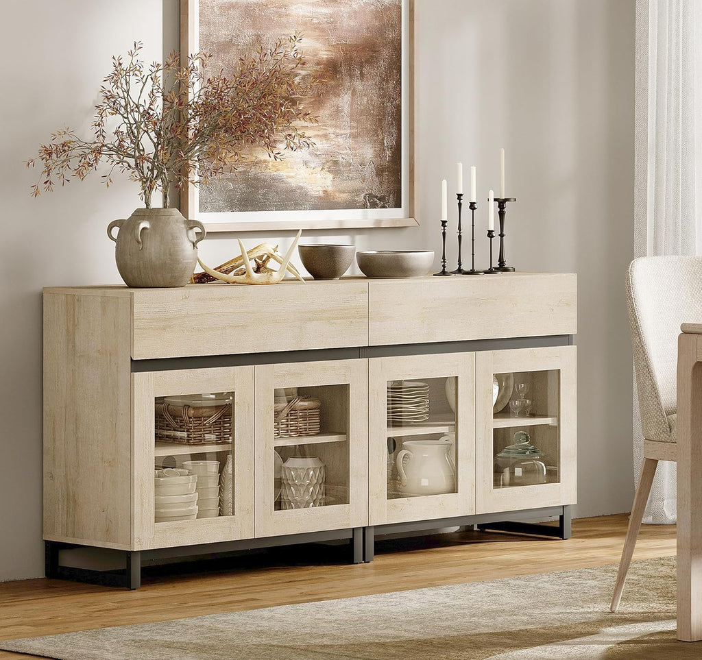 WAMPAT Sideboard Buffet Cabinets, Modern Credenza Sideboard with Adjustable Shelf and Metal Base, Coffee Bar Cabinet Accent Storage Cabinet for Living Room, Kitchen, Beige-B, 2 Pcs
