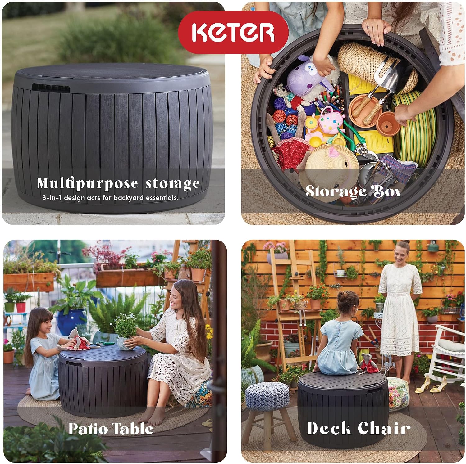 Keter Circa 37 Gal Round Patio Box Storage Table, Seating Bundled with Westwood 150 Gallon Plastic Outdoor Furniture Storage Deck Box, Brown