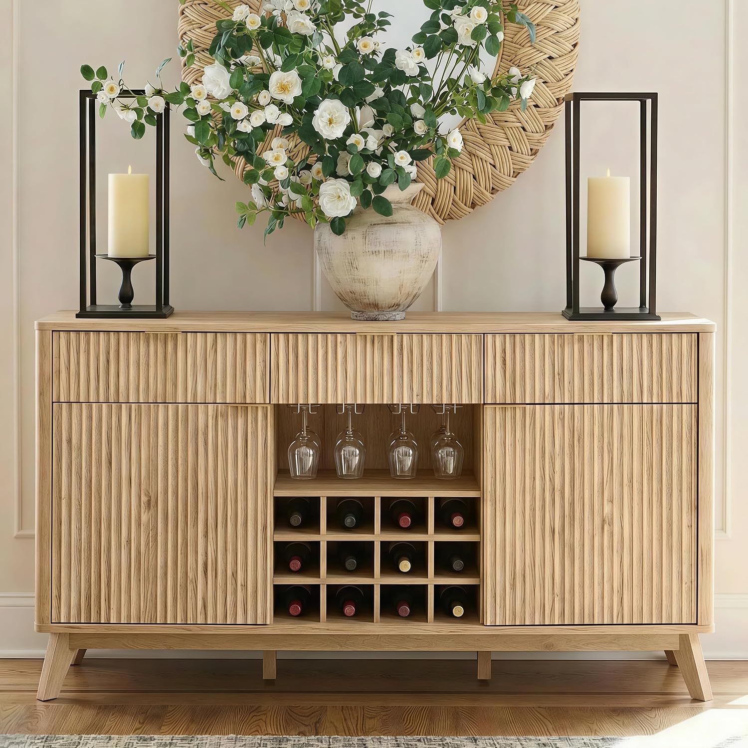 OKD 60' Fluted Wine Bar Cabinet, Mid-Century Modern Sideboard, Natural Oak | 3 Spacious Drawers, 3 Stemware Racks, 12 Wine Racks, Tapered Wood Legs, Adjustable Shelves, Sideboard Storage