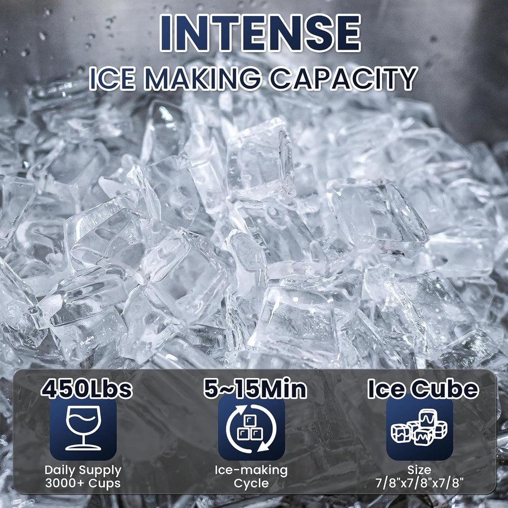 Coolake Commercial Ice Maker Machine 450lbs with 360lb Large Storage, 22 Inch Full Cube Air Cooled Stainless Steel Freestanding Ice Machine for Restaurant Church Hotel, DOE ETL Listed