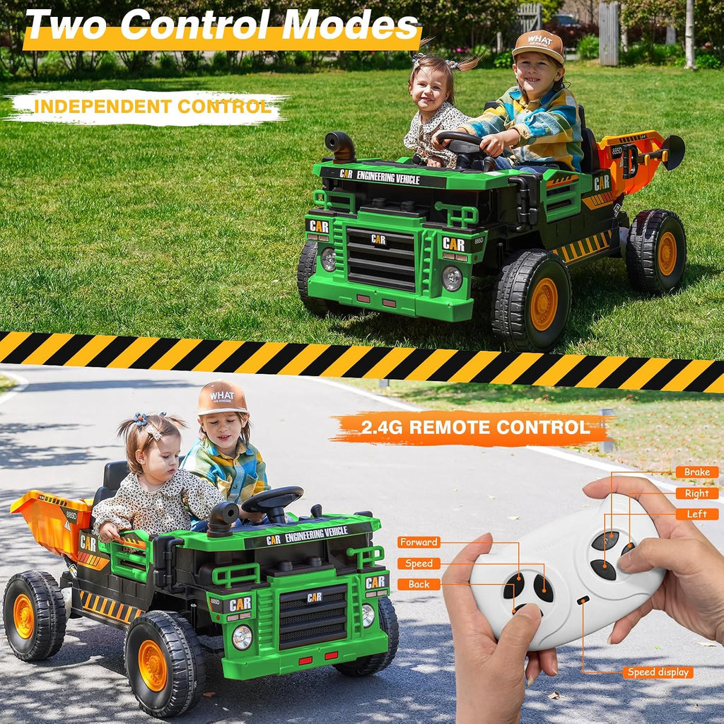 RunFast 12V 2 Seater Ride on Dump Truck for Kids,Electric Ride on Cars with Remote Control,2X35W Powerful Motors Up to 4Mph,Electric Dump Bed,Extra Shovel,Music Player(Green+Yellow,12V)