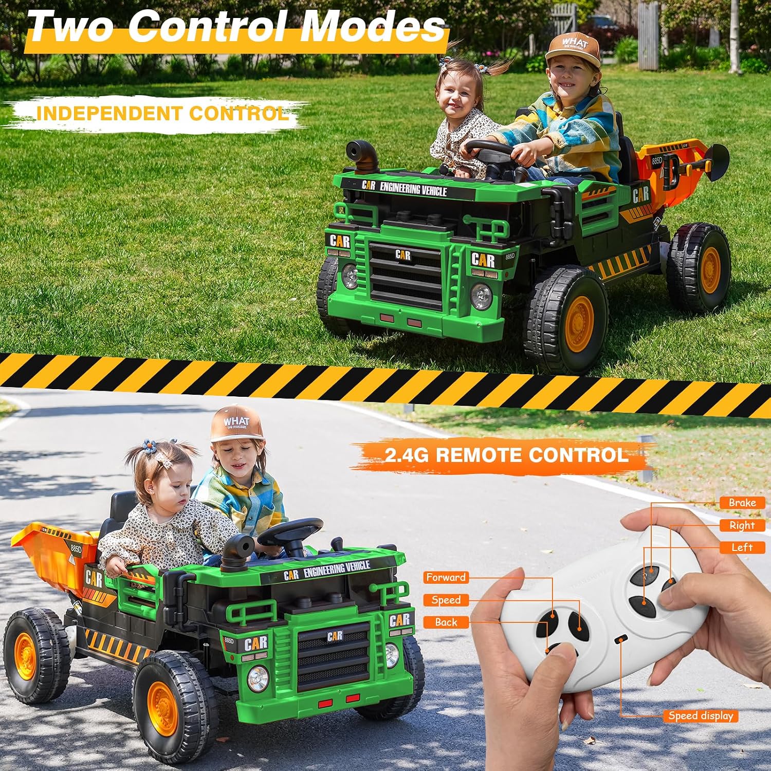 RunFast 12V 2 Seater Ride on Dump Truck for Kids,Electric Ride on Cars with Remote Control,2X35W Powerful Motors Up to 4Mph,Electric Dump Bed,Extra Shovel,Music Player(Green+Yellow,12V)