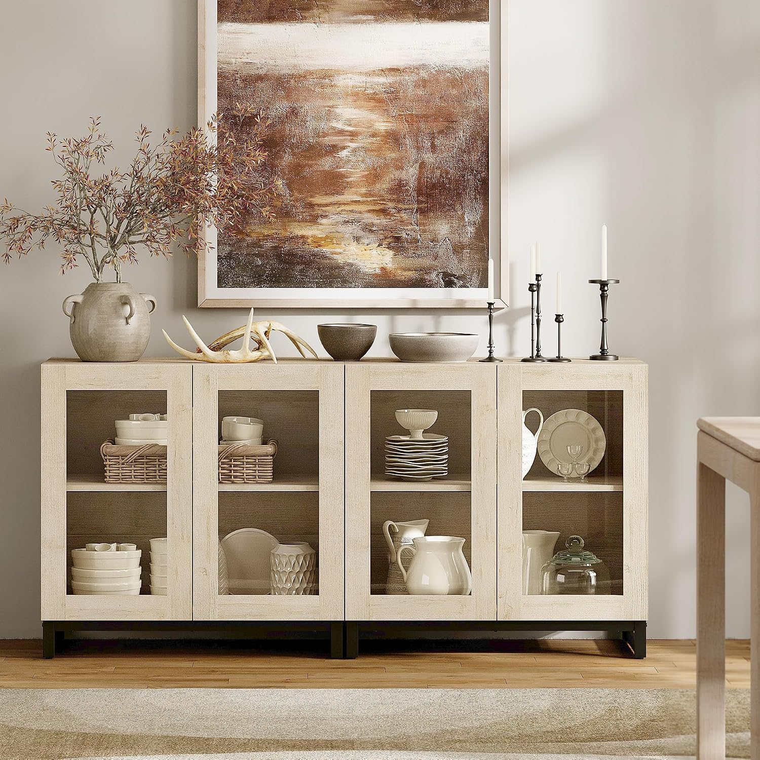 WAMPAT Sideboard Buffet Cabinets, Modern Credenza Sideboard with Adjustable Shelf and Metal Base, Coffee Bar Cabinet Accent Storage Cabinet for Living Room, Kitchen, Beige-A, 2 Pcs