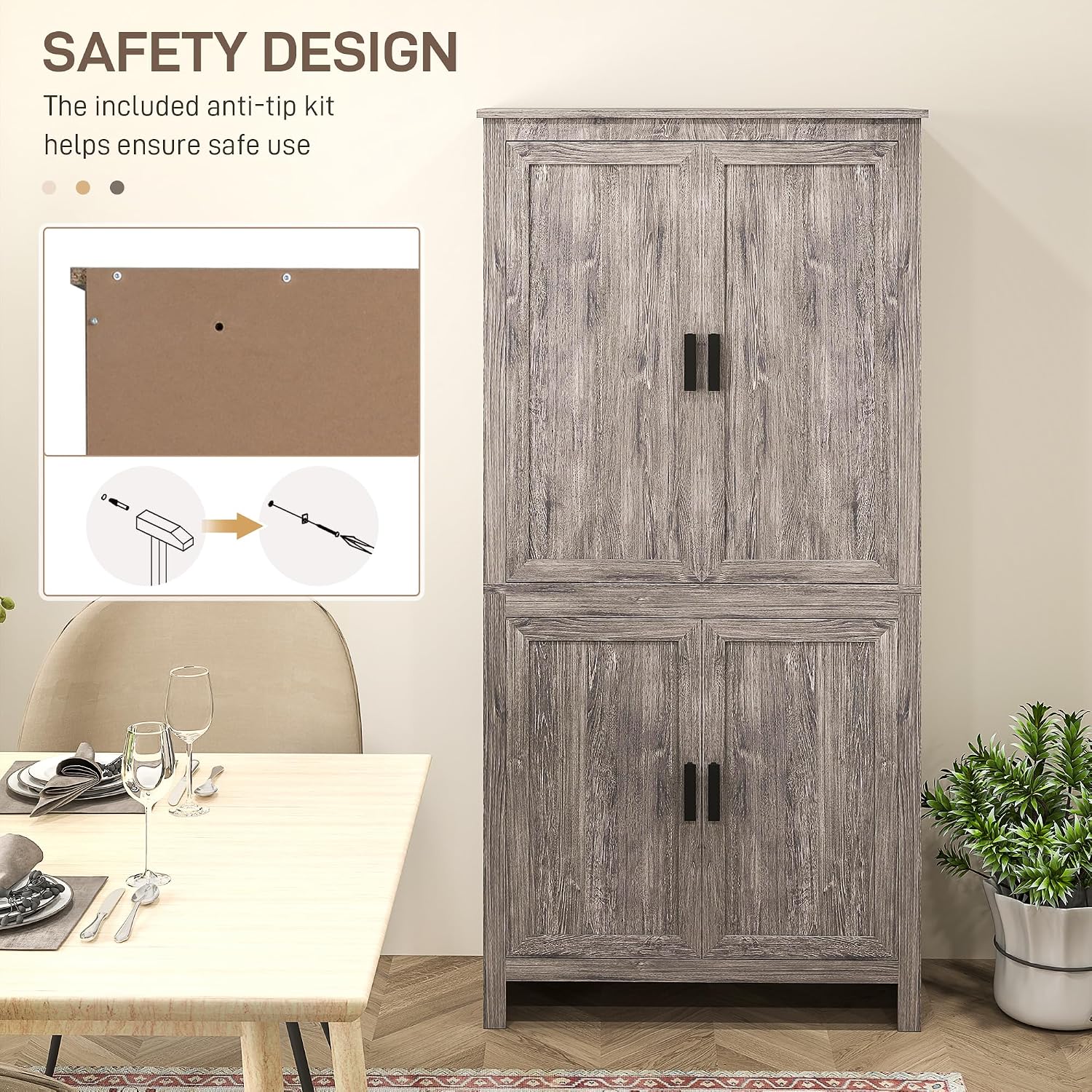 HOMCOM 64' Kitchen Pantry Cabinet, Freestanding Storage Cabinet with 4 Doors and 3 Adjustable Shelves for Dining Room, Gray Oak