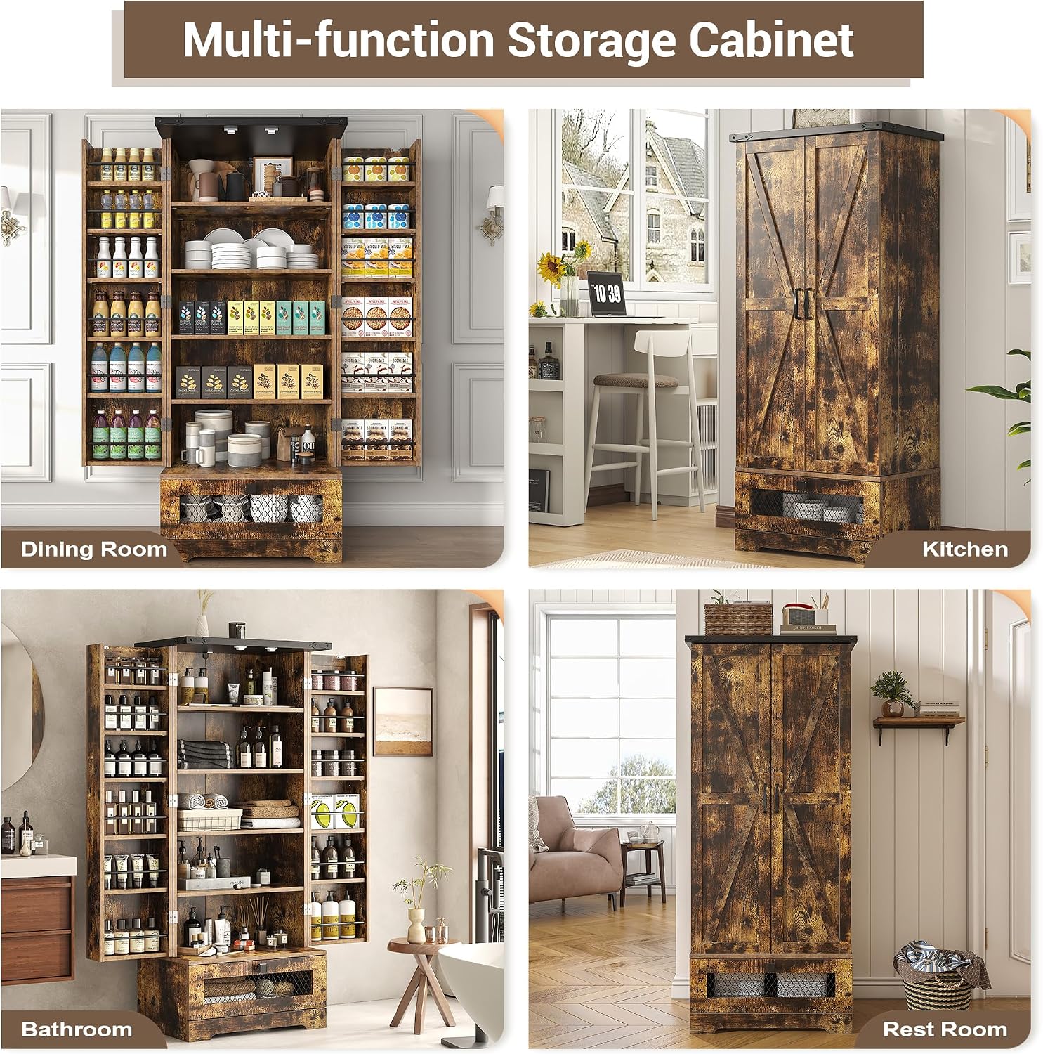 kepptory Pantry Cabinet with Adjustable Shelves and Drawer, Kitchen Cabinet Buffet Cupboards Storage for Home Office (Brown, 16' D x 24' W x 55' H)