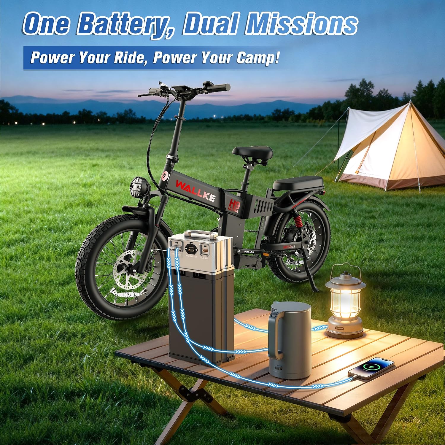 Wallke H9 Ultra 5000W Electric Bike with 2640Wh Power Hub, 48V 55Ah Removable Battery, 105NM Torque & 40MPH Fast Ebike for Adults, ARISUN All Terrain Fat Tire for Camping Commute, UL2849 Certified