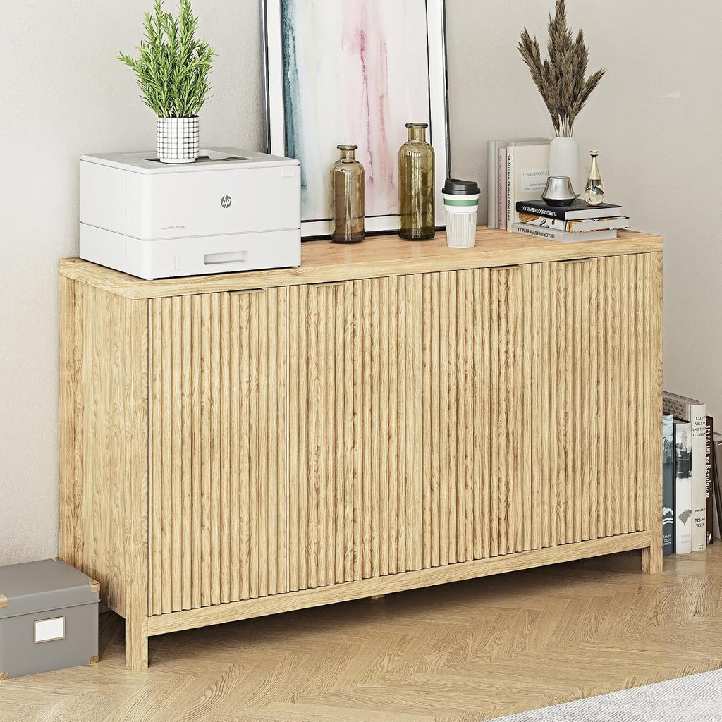 Real Relax Fluted Buffet Cabinet with Storage, Modern Sideboard with 4 Doors, 3 Adjustable Shelves, Large 55'' Kitchen Credenza Coffee Bar Cabinet, Console Cabinets for Living, Dinning Room, Natural