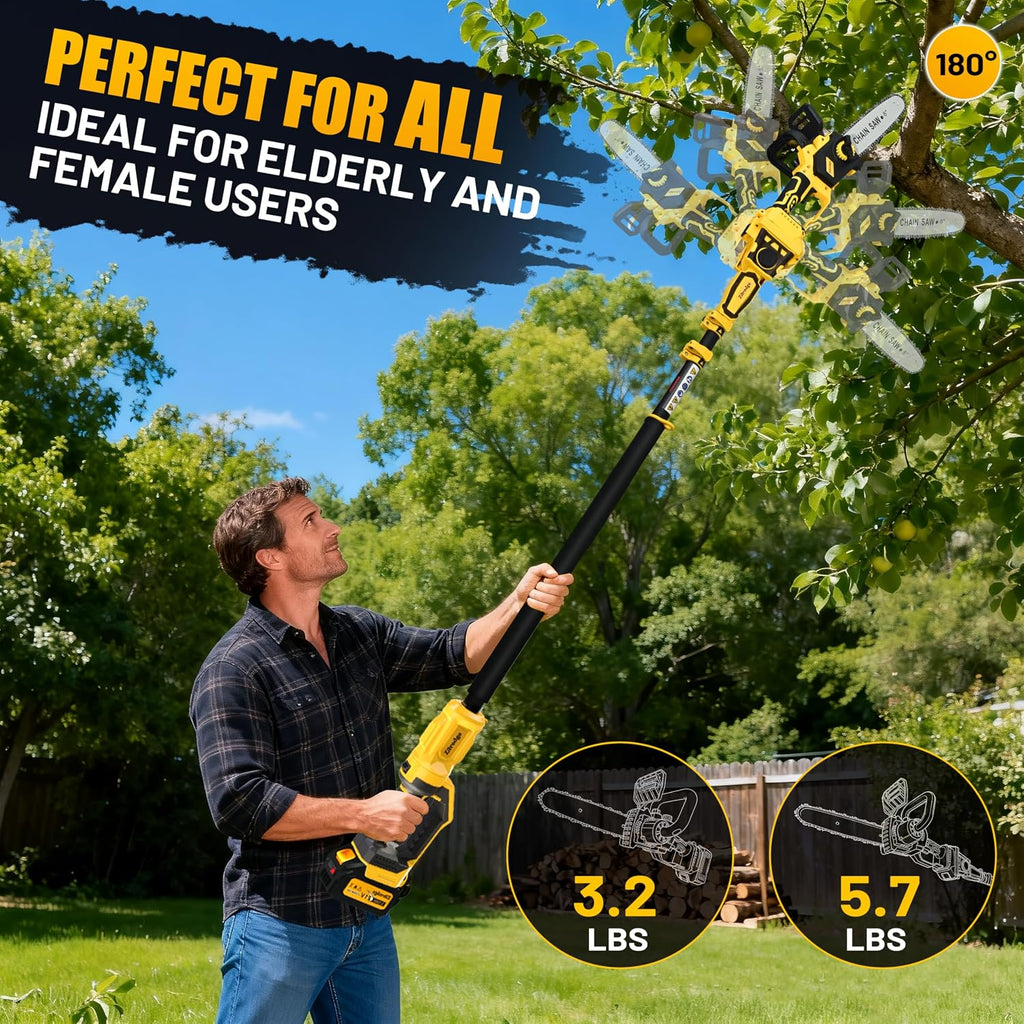 8 Inch/ 10 Inch Electric Pole Saws for Tree Trimming & Mini Chainsaw 4-IN-1, Cordless Pole Saw Battery Powered, Chain Saw with Extension Pole, Total Reach of Max 15ft, Limb Branch Cutter Pruner