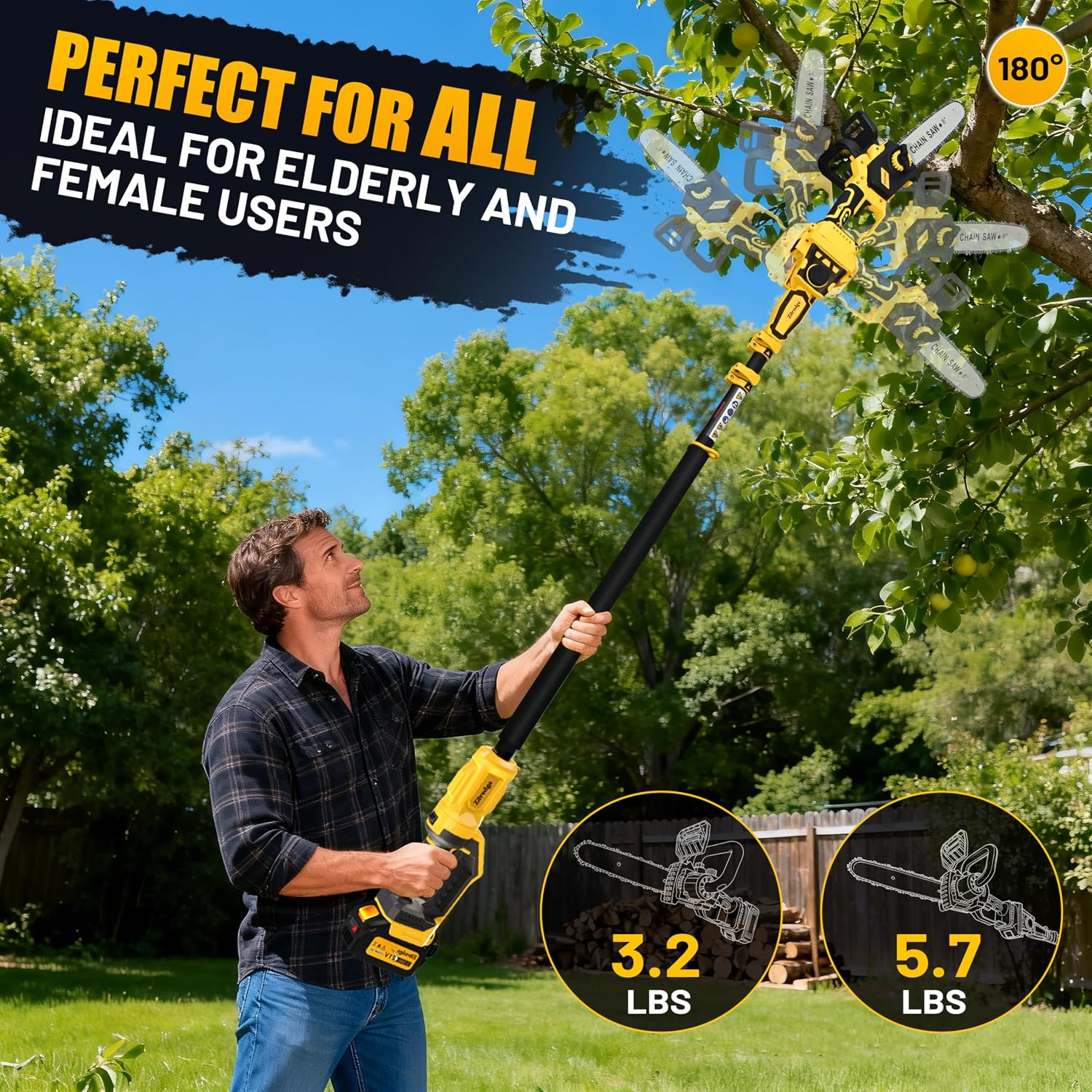 8 Inch/ 10 Inch Electric Pole Saws for Tree Trimming & Mini Chainsaw 4-IN-1, Cordless Pole Saw Battery Powered, Chain Saw with Extension Pole, Total Reach of Max 15ft, Limb Branch Cutter Pruner