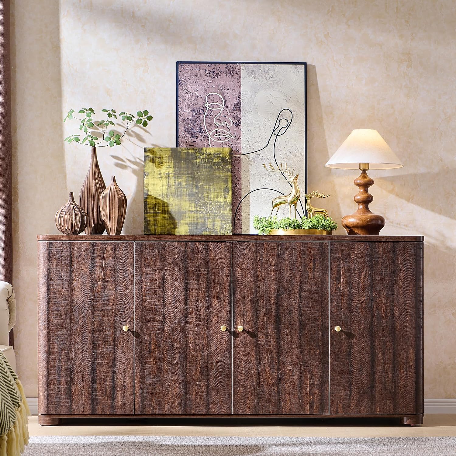 IFGET Curved Buffet Cabinet with Doors, 66' Large Sideboard Buffet Storage Cabinet with 4 Doors and Shleves, Modern Coffee Bar Station Wood Kitchen Table for Kitchen, Dining Room, Borwn