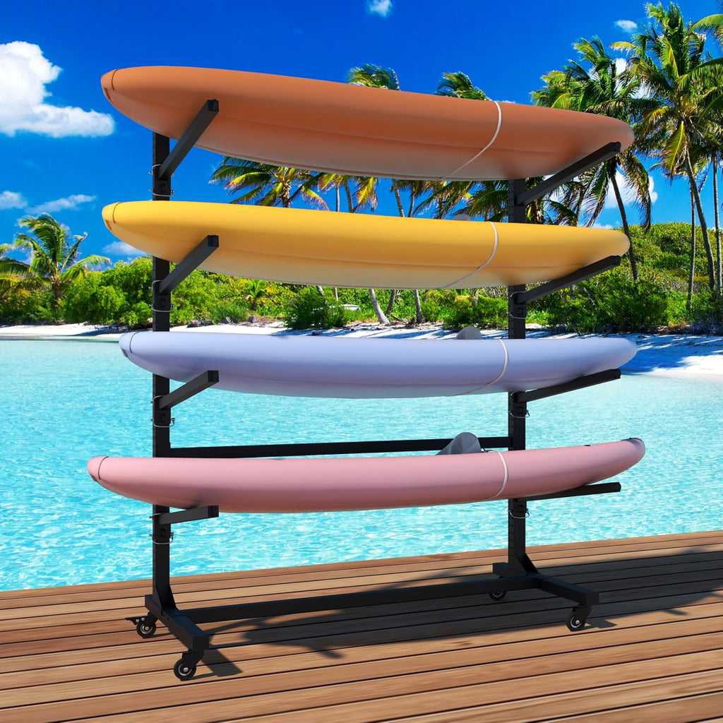 Kayak Rack, Heavy Duty Freestanding Kayak Storage Rack with Movable Wheels, Adjustable Rust-Proof Outdoor Kayak Rack for Holds Kayaks, Canoes, SUPs & Paddleboards.