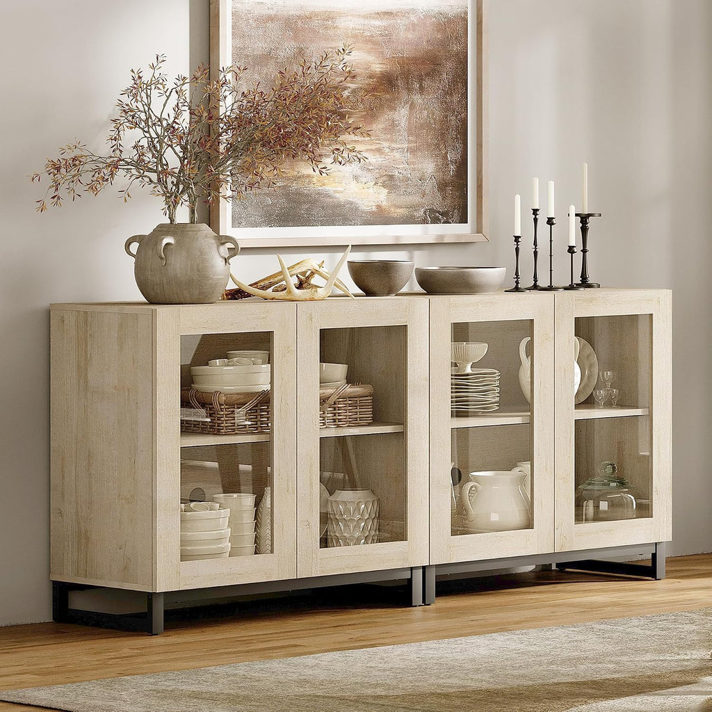 WAMPAT Sideboard Buffet Cabinets, Modern Credenza Sideboard with Adjustable Shelf and Metal Base, Coffee Bar Cabinet Accent Storage Cabinet for Living Room, Kitchen, Beige-A, 2 Pcs