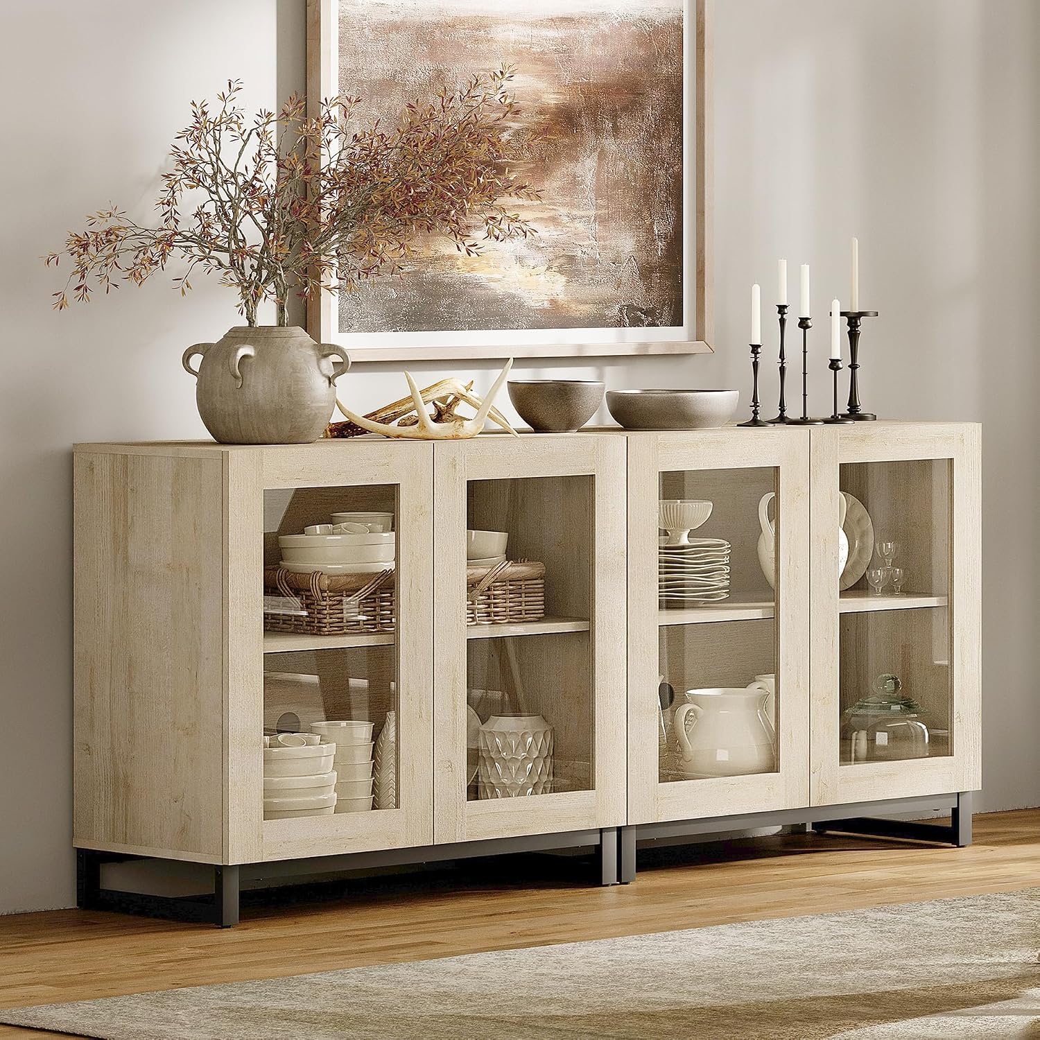 WAMPAT Sideboard Buffet Cabinets, Modern Credenza Sideboard with Adjustable Shelf and Metal Base, Coffee Bar Cabinet Accent Storage Cabinet for Living Room, Kitchen, Beige-A, 2 Pcs
