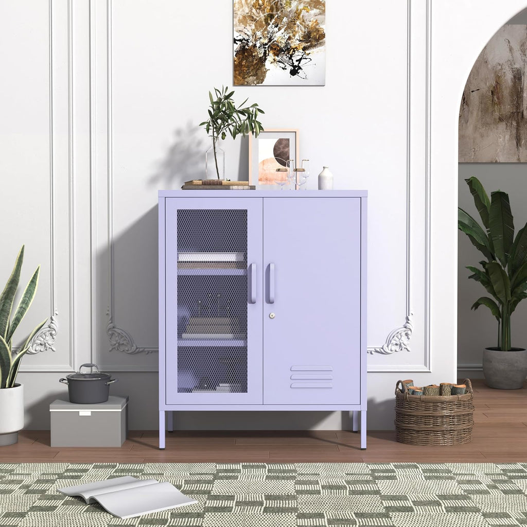 Purple Metal Storage Cabinet with Lock 3-Tier Freestanding Locker Organizer with Mesh Ventilated Door Multipurpose Accent Cabinet Locker Adjustable legs For Hallway, Living Room, Entryway, Home Office