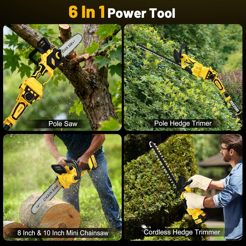 8'/ 10' Cordless Pole Saw + 20' Pole Hedge Trimmer Combo (Great for Pruning and Trimming Branches/Shrubs), Mini Chainsaw & Hedge Trimmer with Telescopic Pole, 15ft MAX Reach, 2 Pcs 3.0Ah Batteries