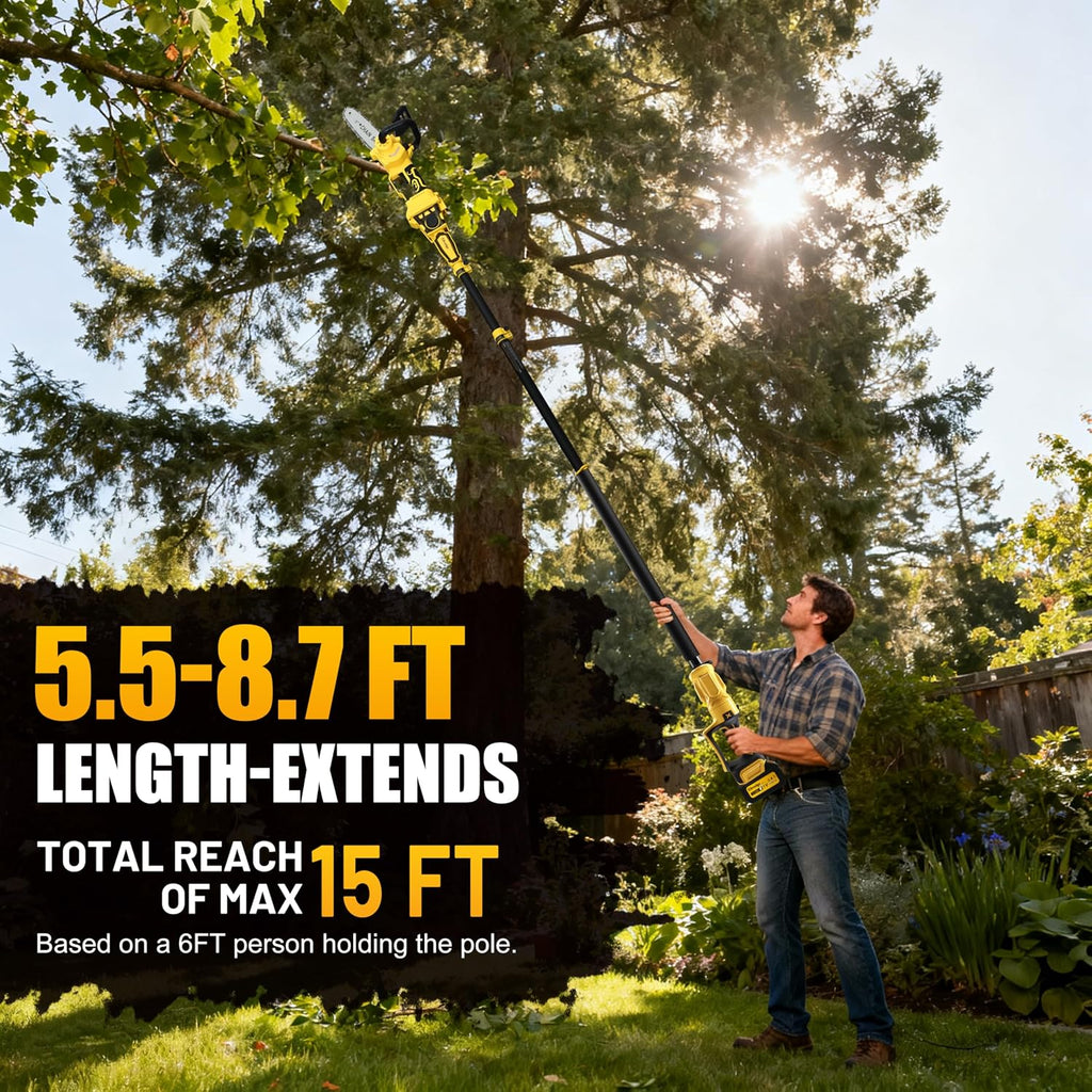 8 Inch/ 10 Inch Electric Pole Saws for Tree Trimming & Mini Chainsaw 4-IN-1, Cordless Pole Saw Battery Powered, Chain Saw with Extension Pole, Total Reach of Max 15ft, Limb Branch Cutter Pruner
