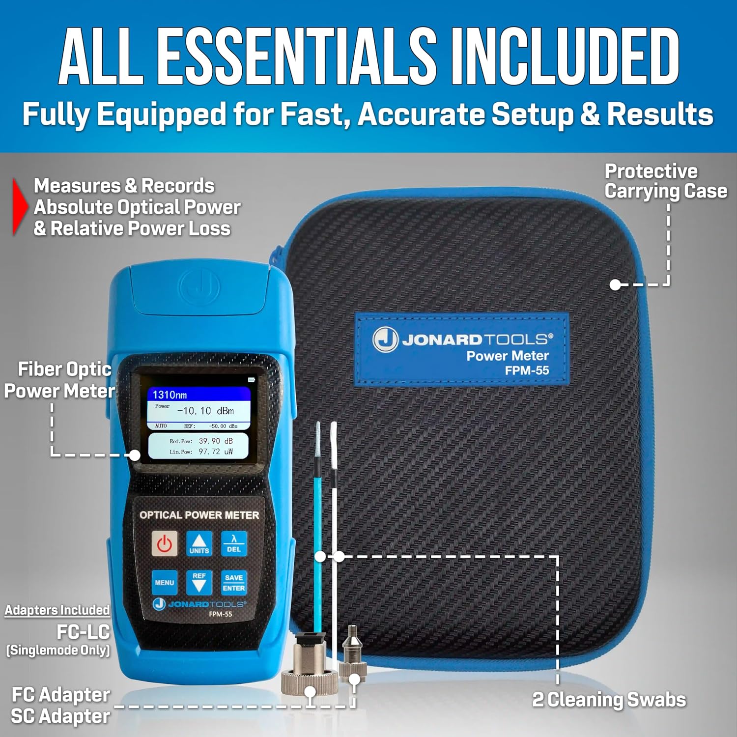 Jonard Tools FPM-55 High Precision Fiber Optic Power Meter with Data Storage (-50 to +26 dBm) and FC/SC/LC Adapters- 2025 Model