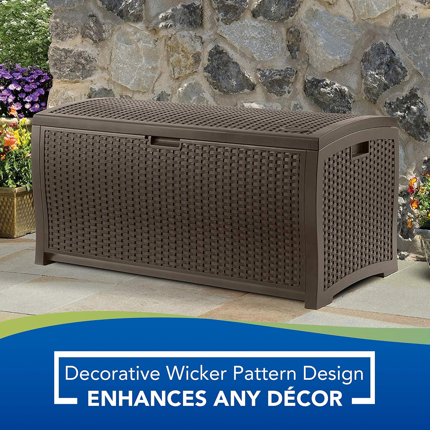 Suncast 99 Gallon Wicker Deck Box + DC America 18-Inch Umbrella Base